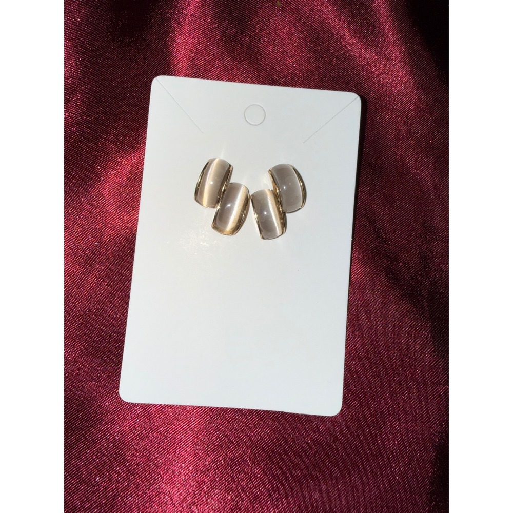 Gold Tone Grey Cats Eye Stone Curved Rectangular Stud Earrings Modern‎ Gemstone